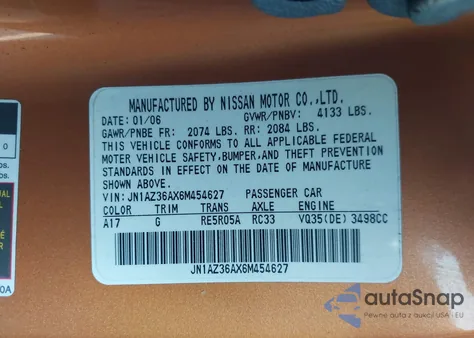 2006 Nissan 350Z Touring from USA, damaged, VIN JN1AZ36AX6M454627